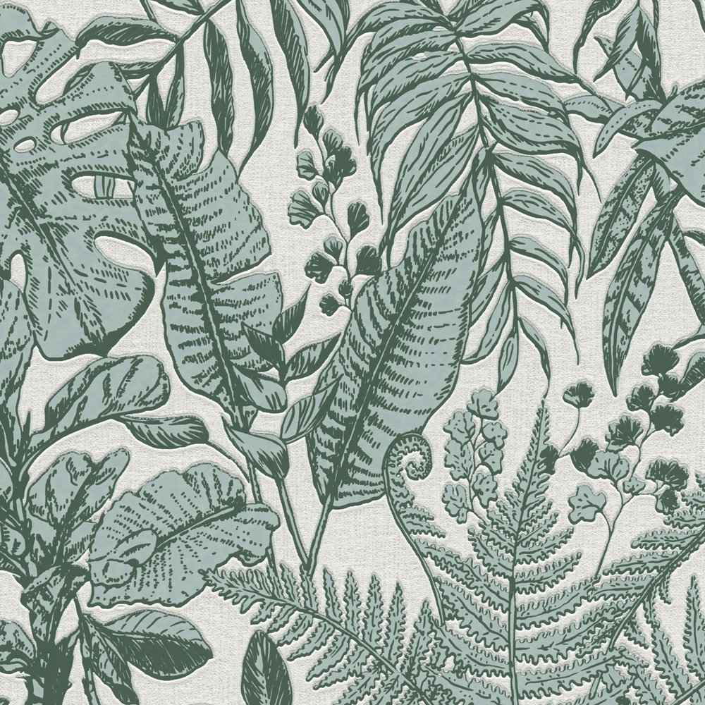             Wallpaper jungle leaves, monstera & ferns - green, white, grey
        