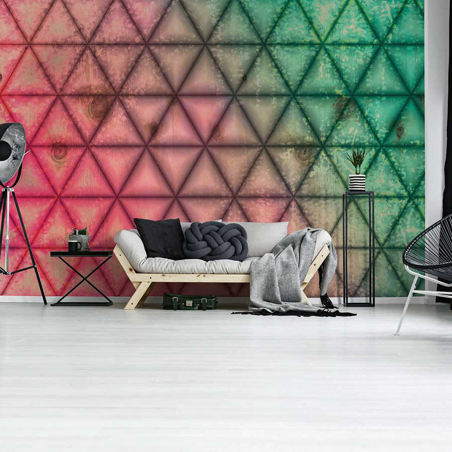 Digital behang geometrisch driehoekpatroon in houtlook - groen, roze
