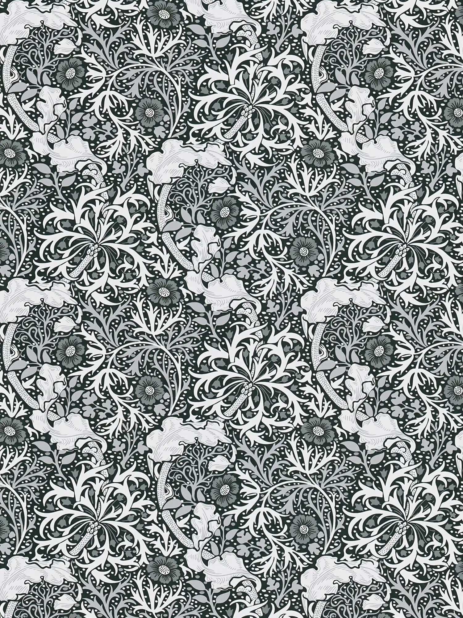 Non-woven wallpaper with floral pattern vines and flowers - white, black, grey
