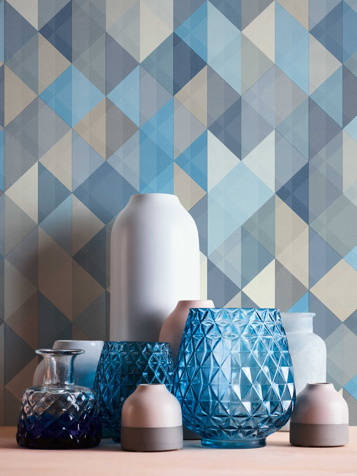             Papel pintado de estilo escandinavo con motivos geométricos - azul, gris, beige
        
