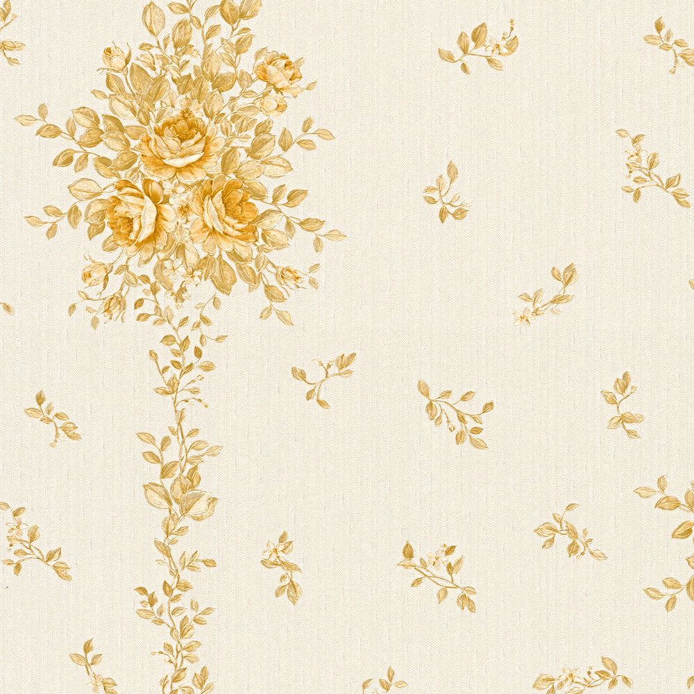             Papier peint floral Motifs floraux en or métallique - crème
        