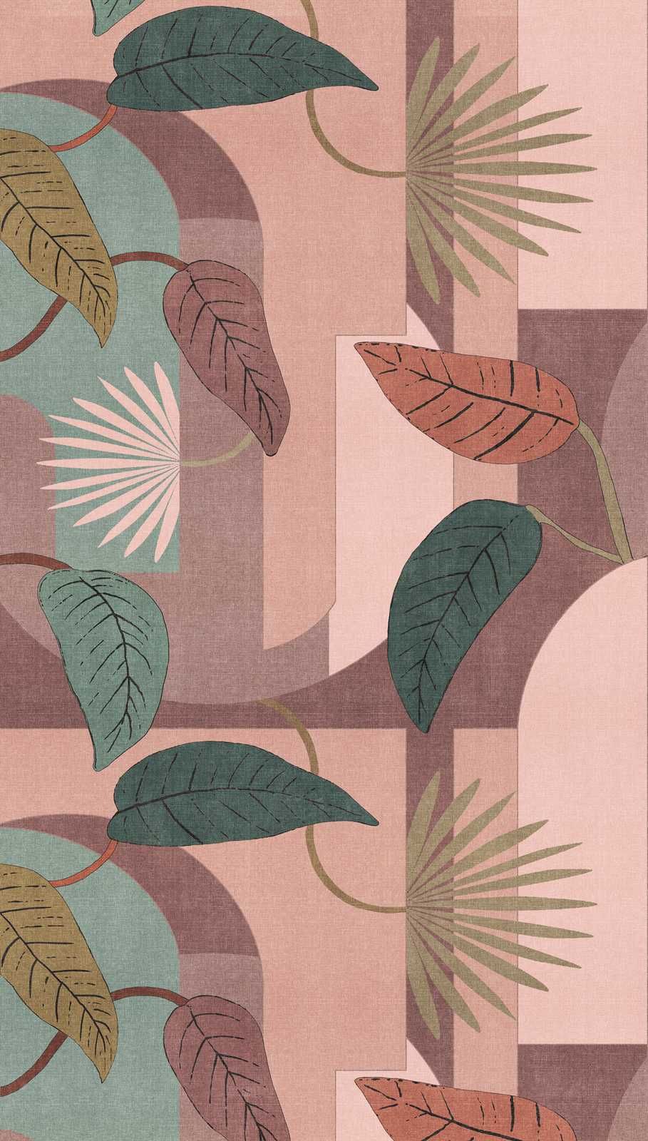             Papier peint intissé avec motif floral de feuilles et formes abstraites - rose, turquoise, beige
        