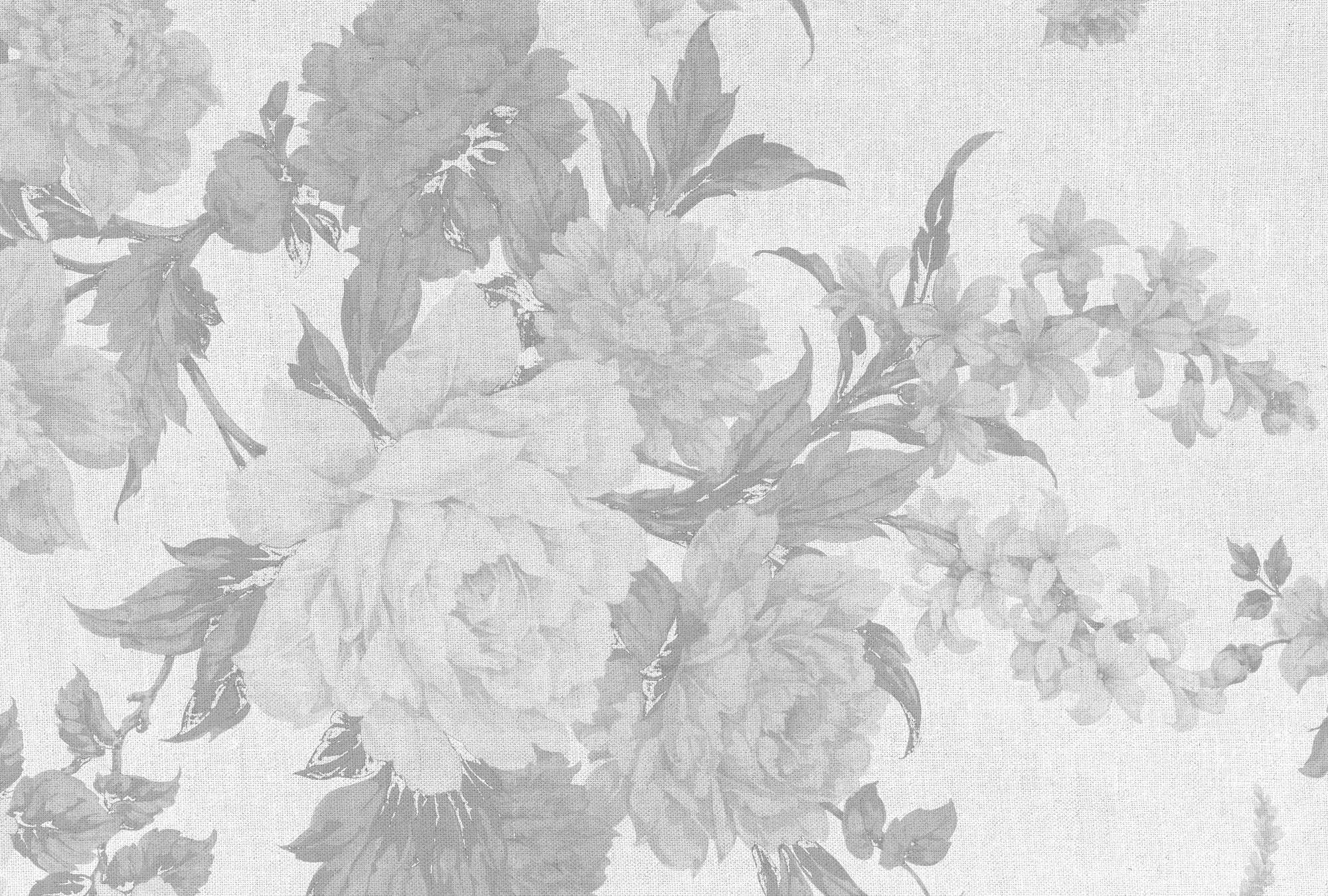             Mural de pared con motivo de rosas en aspecto textil - gris, blanco
        