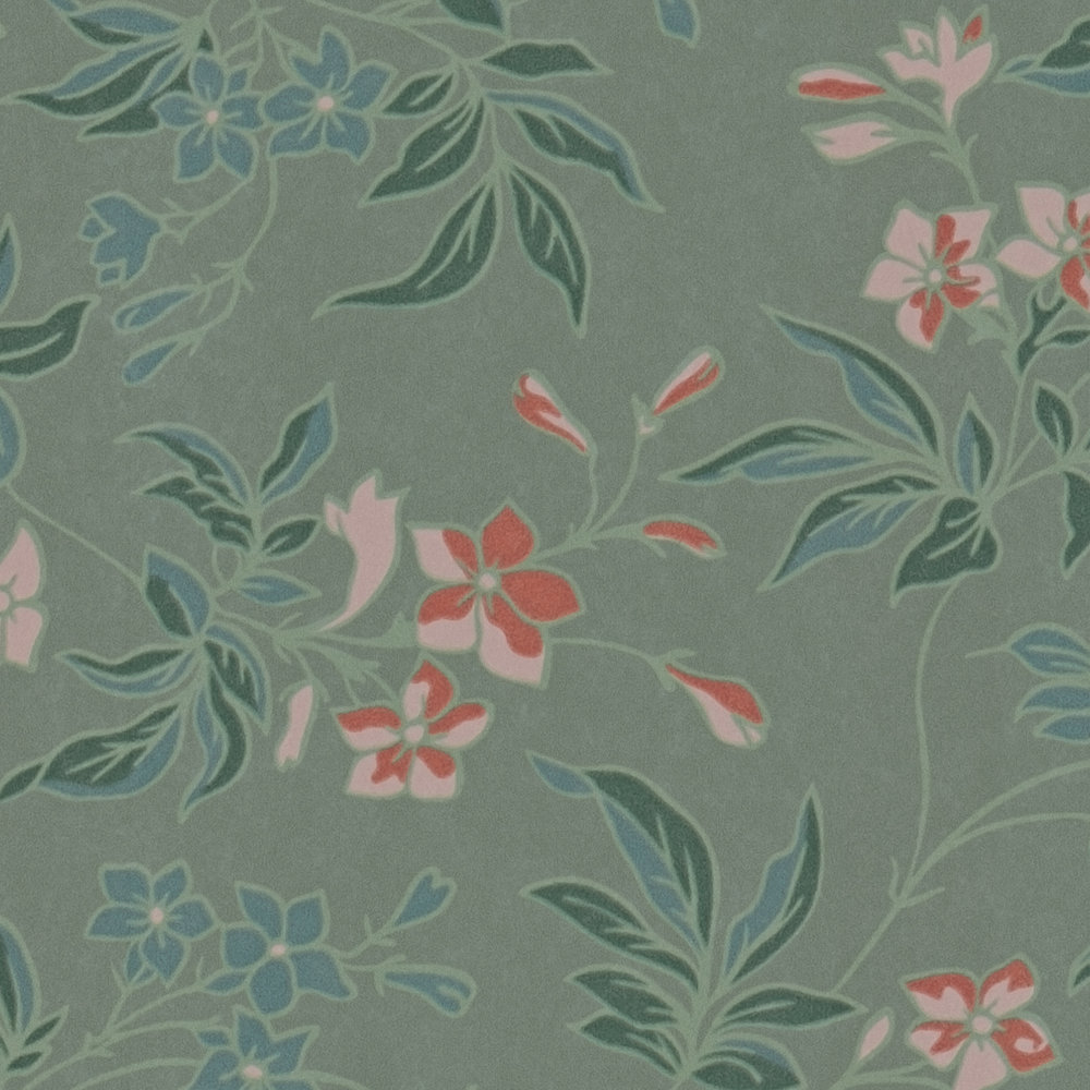             Floral wallpaper with flowers and vines - green, orange, pink
        