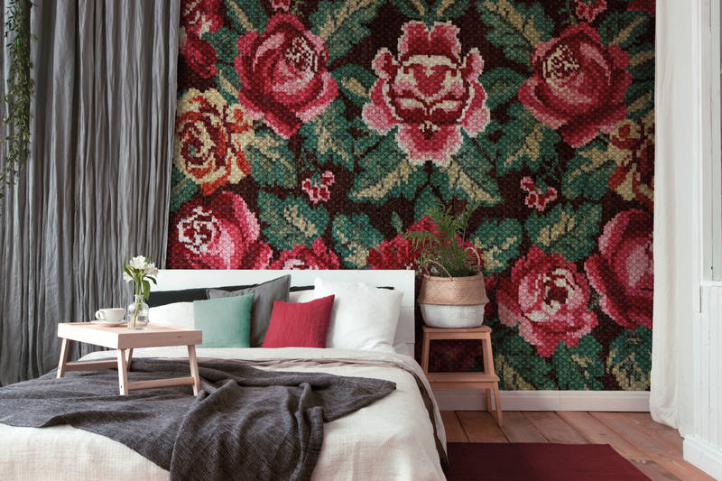             Roses mural in folklore style & retro design - pink, green, red
        