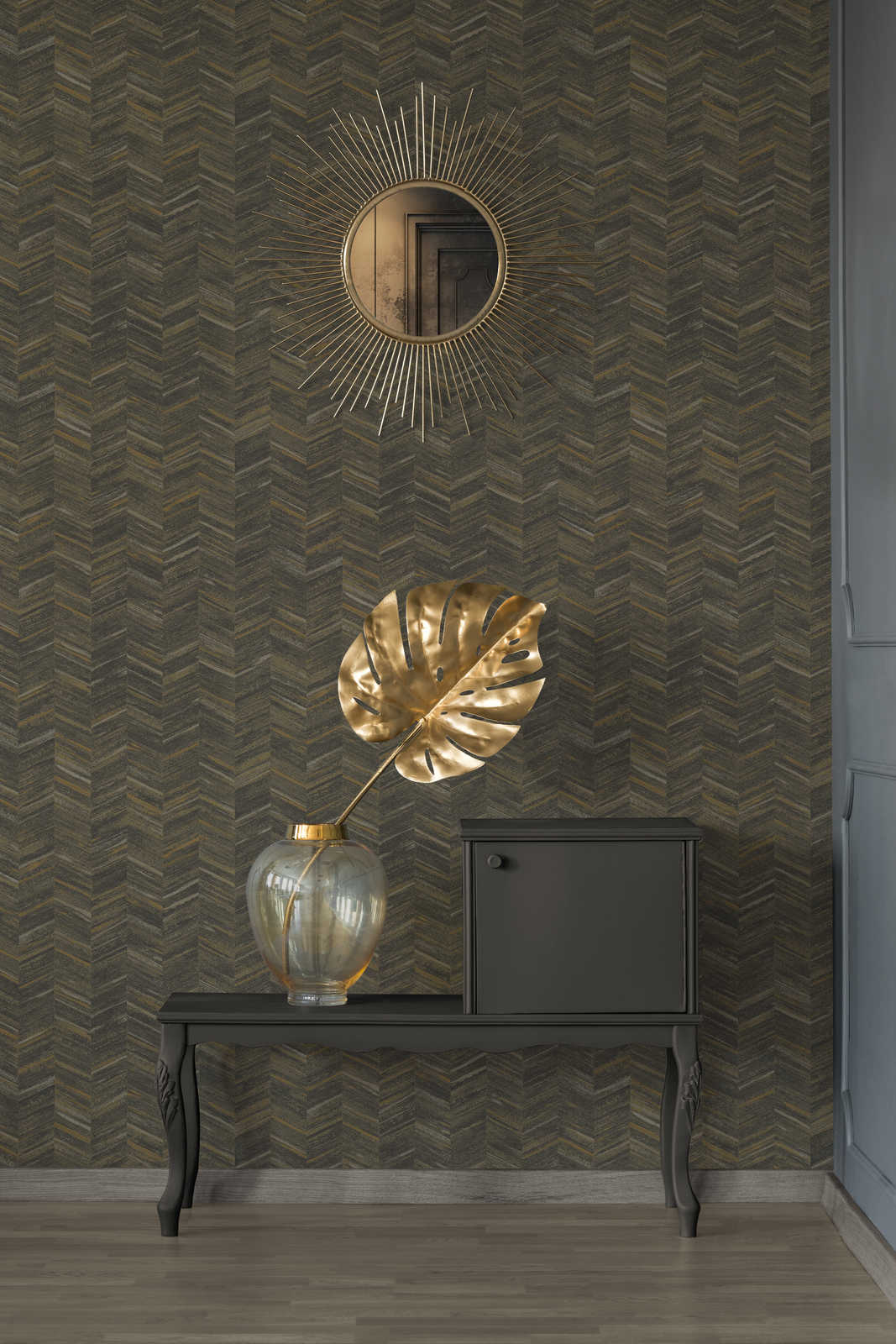            Textured wallpaper non-woven with wood effect & herringbone pattern - brown, metallic
        