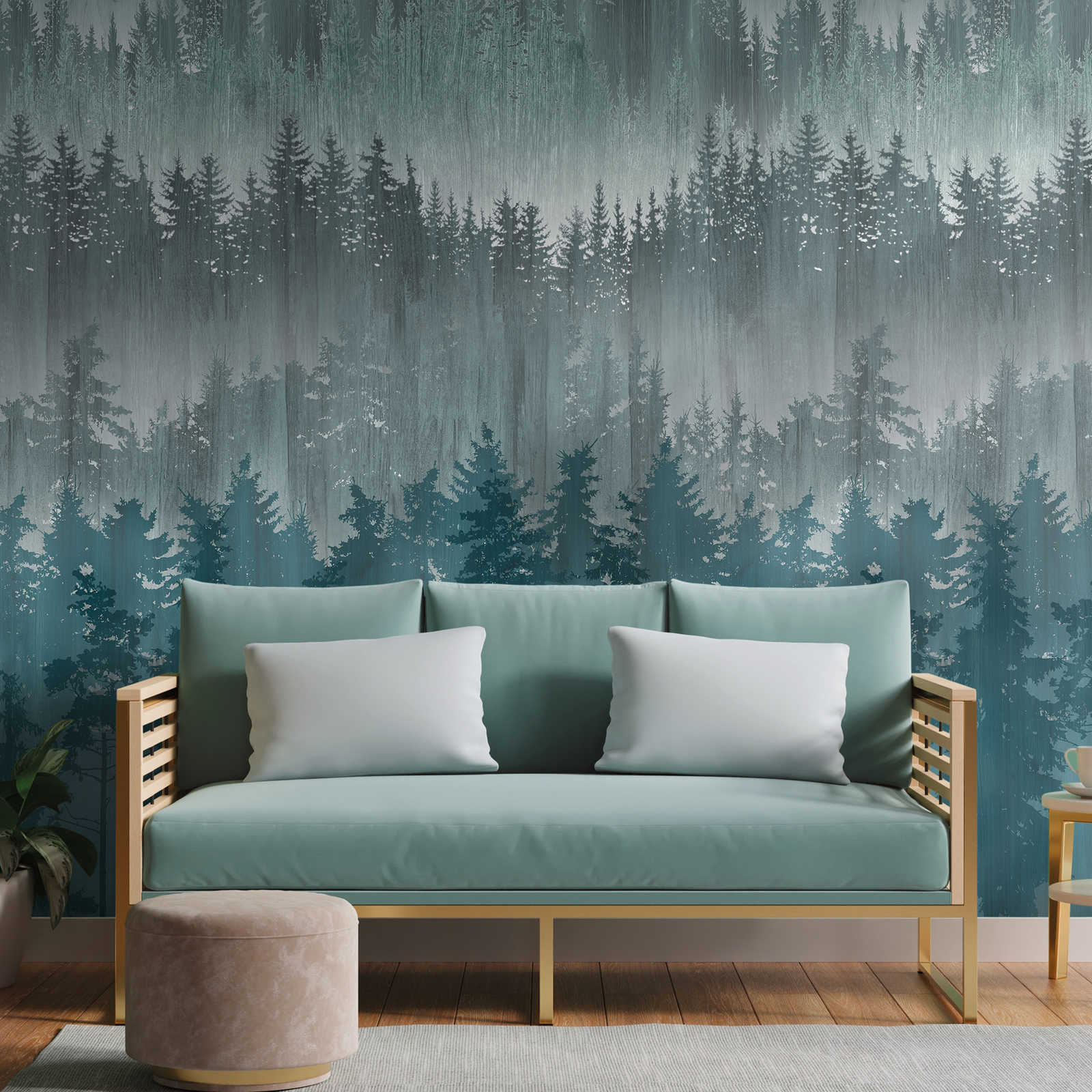         Non-woven wallpaper with abstract forest pattern - blue, grey, petrol
    