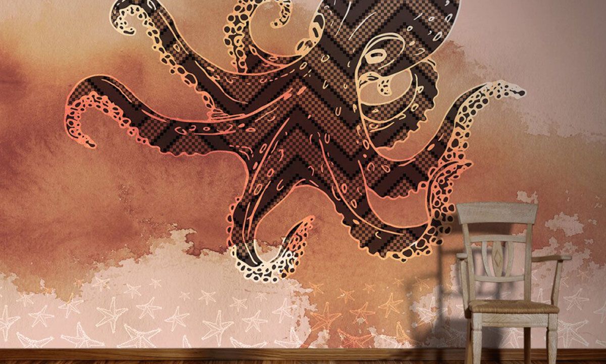 Photo wallpaper for modern living, octopus and watercolour design DD118235