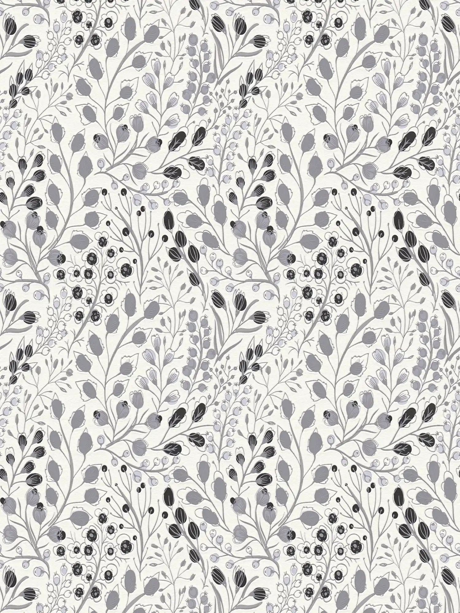 Papel pintado floral abstracto en estilo dibujo mate - gris, blanco, negro
