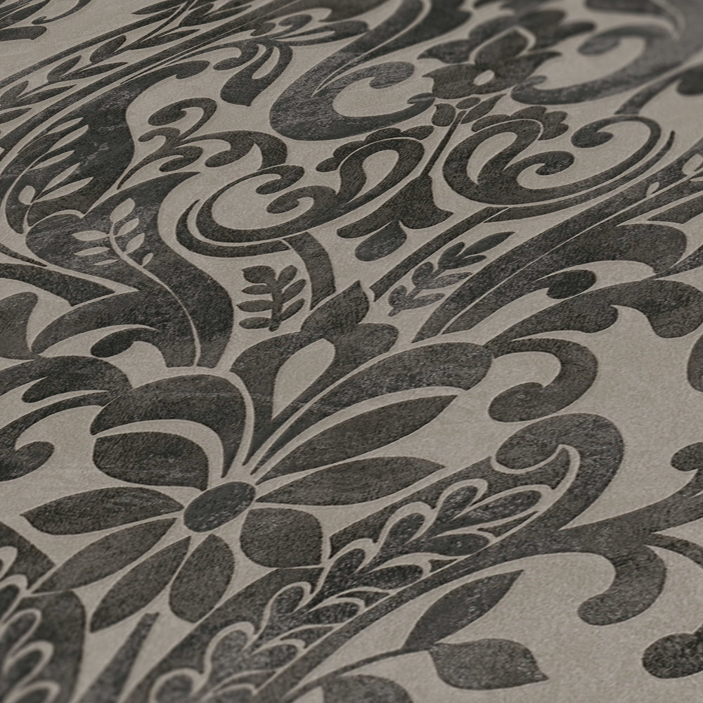             Papel pintado ornamental vintage, floral - gris, negro
        