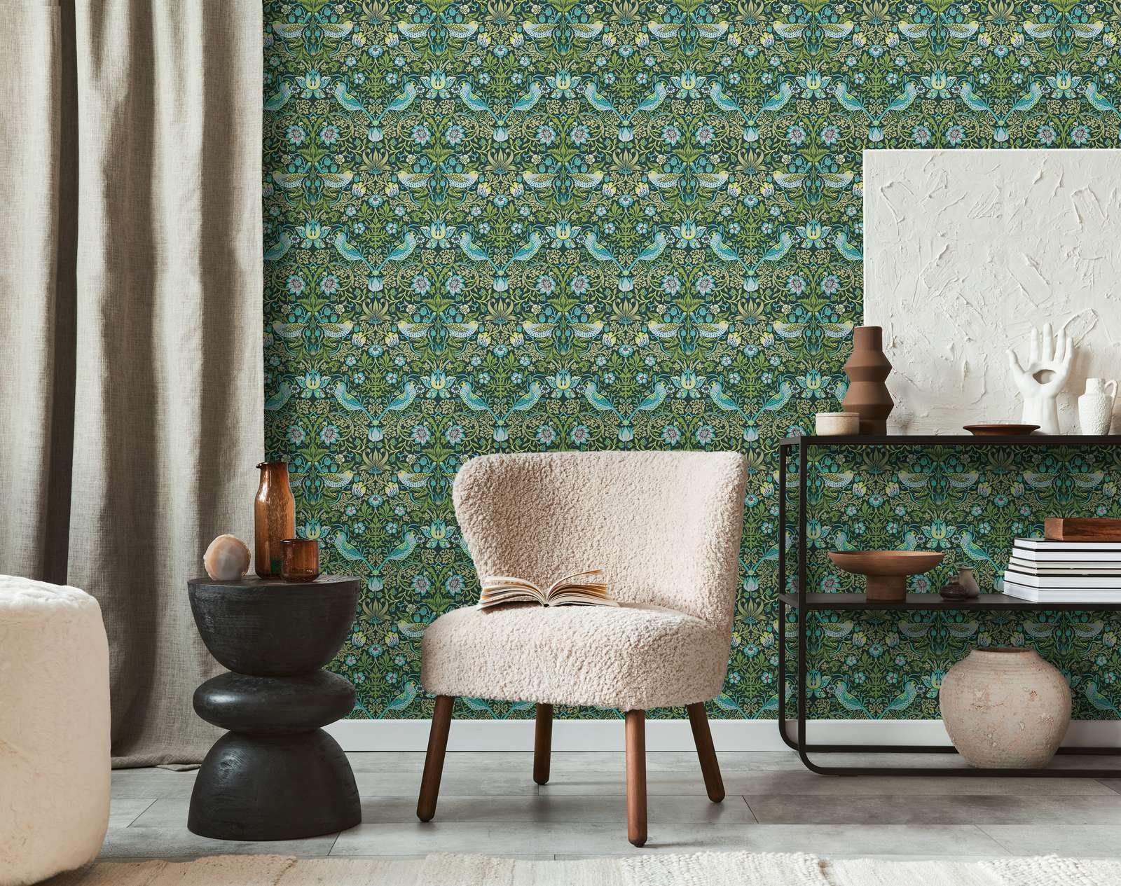             Non-woven wallpaper floral pattern with birds - green, blue, black
        