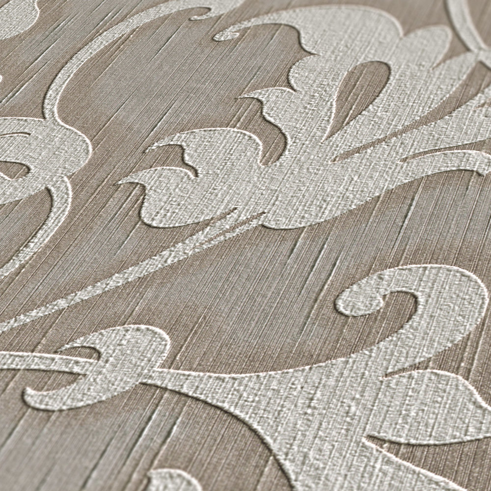             Carta da parati ornamentale premium con struttura tessile e motivo in rilievo - grigio, marrone
        