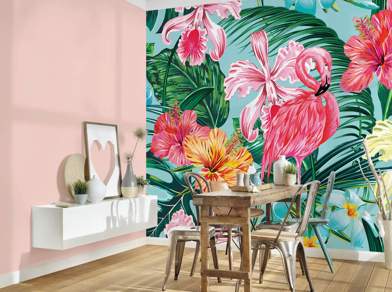             Tropical Wallpaper with Flamingo - Colourful, Blue, Green
        