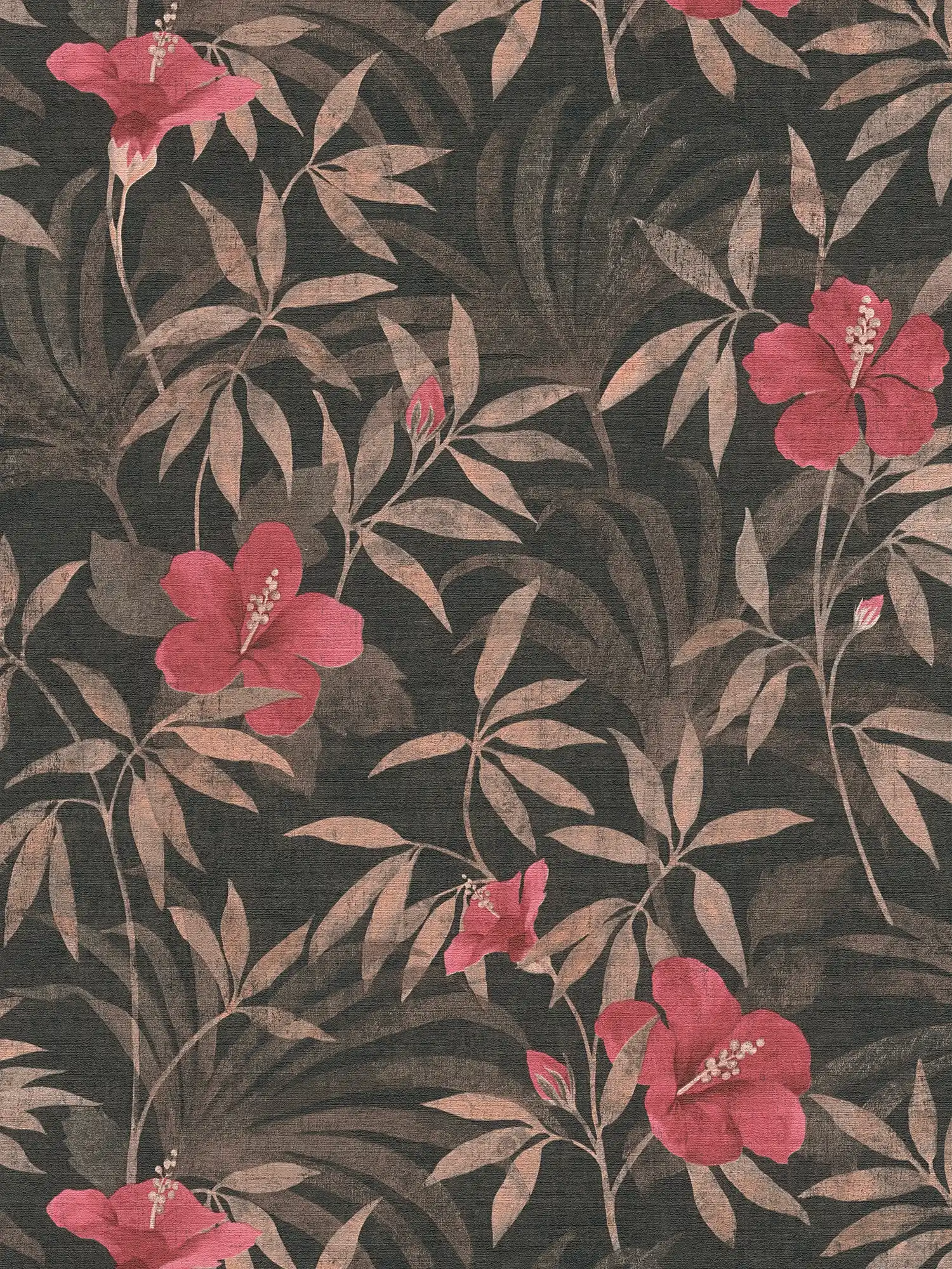 Wallpaper jungle leaves & hibiscus flowers - brown, red
