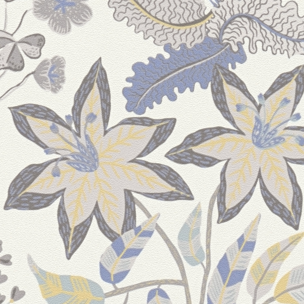             Papier peint intissé avec motifs floraux détaillés - gris, bleu, crème
        
