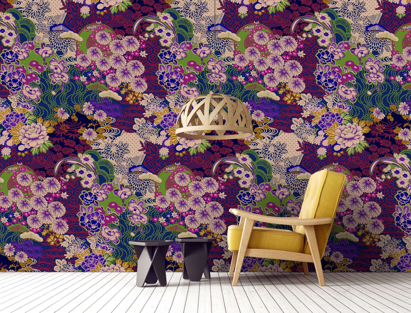             Photo wallpaper »kimo 2« - Abstract flower artwork - Purple, Green | Smooth, slightly shiny premium non-woven fabric
        