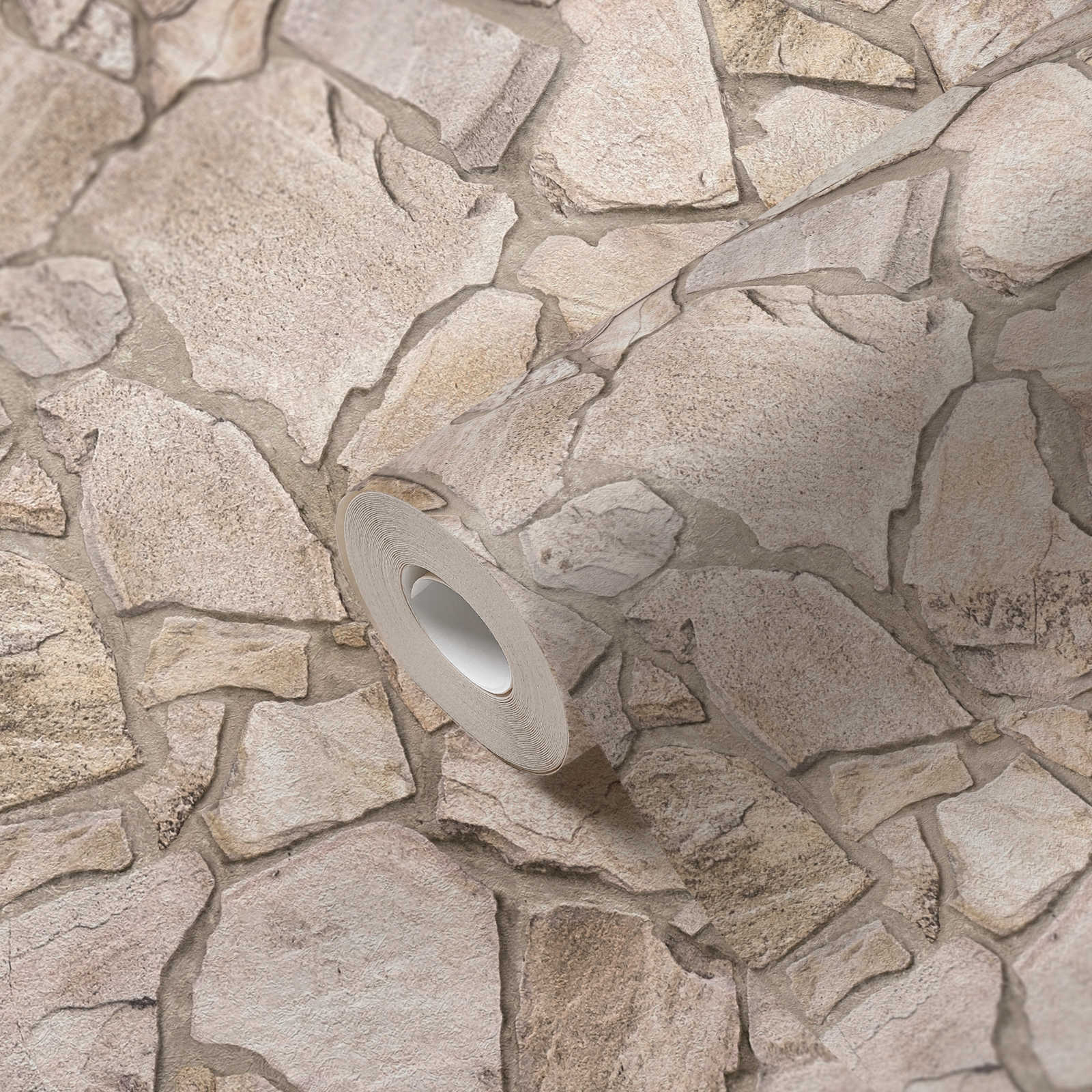             Non-woven wallpaper in stone look with 3D brickwork - beige, grey, brown
        