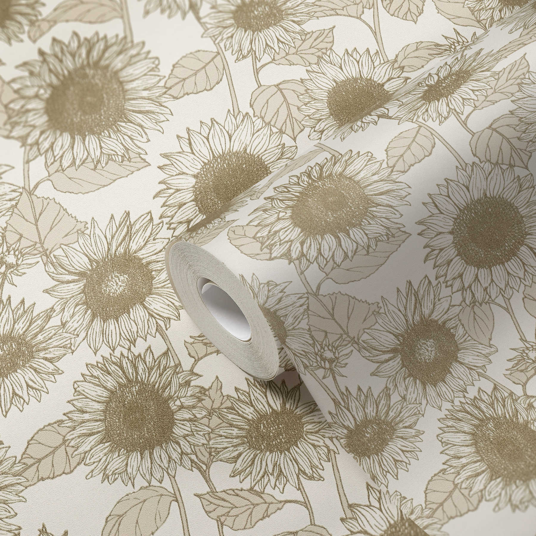             papel pintado girasoles con efecto metálico - beige, blanco
        