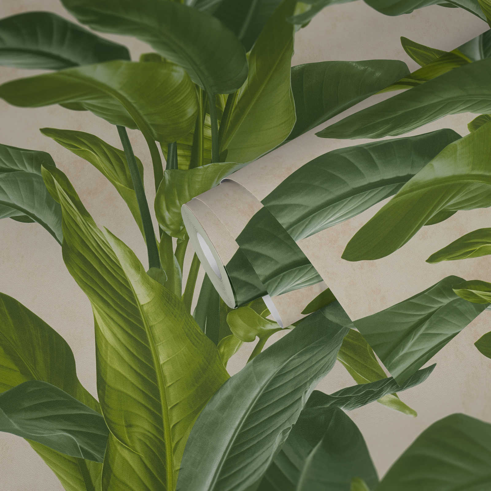             Papier peint intissé avec motif moderne de feuilles - crème, vert
        