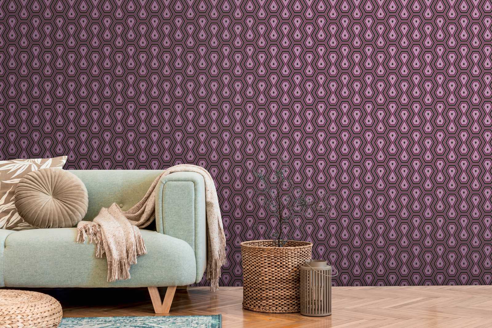             Papier peint à motifs Violet & vieux rose avec graphique Design rétro - Violet, noir
        