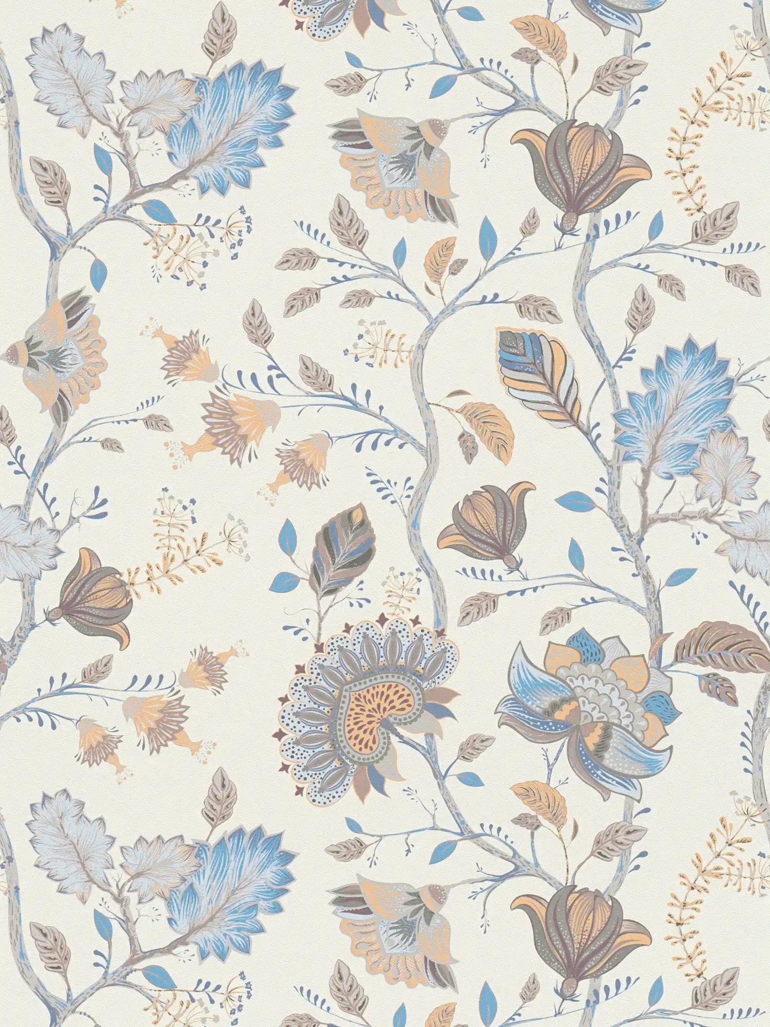 Papel pintado no tejido con motivos florales - azul, crema, gris
