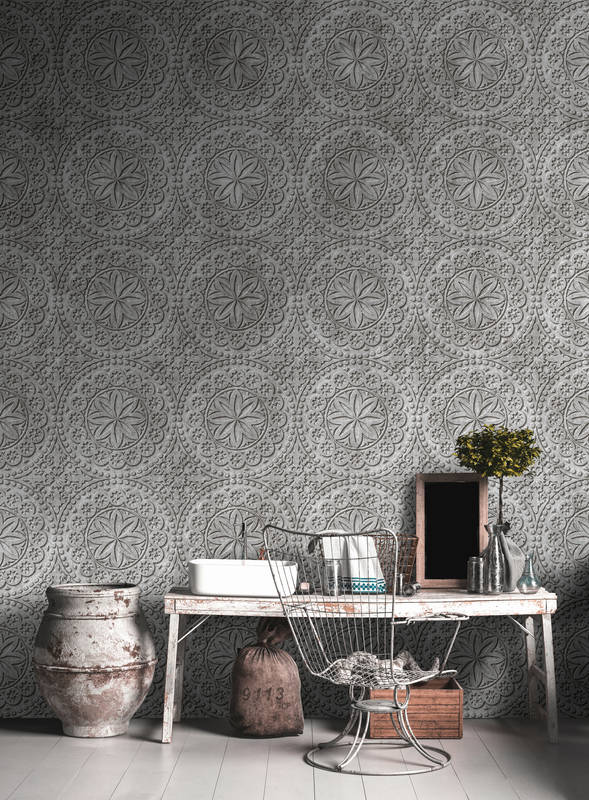             Tile 2 - Cool 3D Concrete Flowers Digital Print - Grey, Black | Textured Non-woven
        