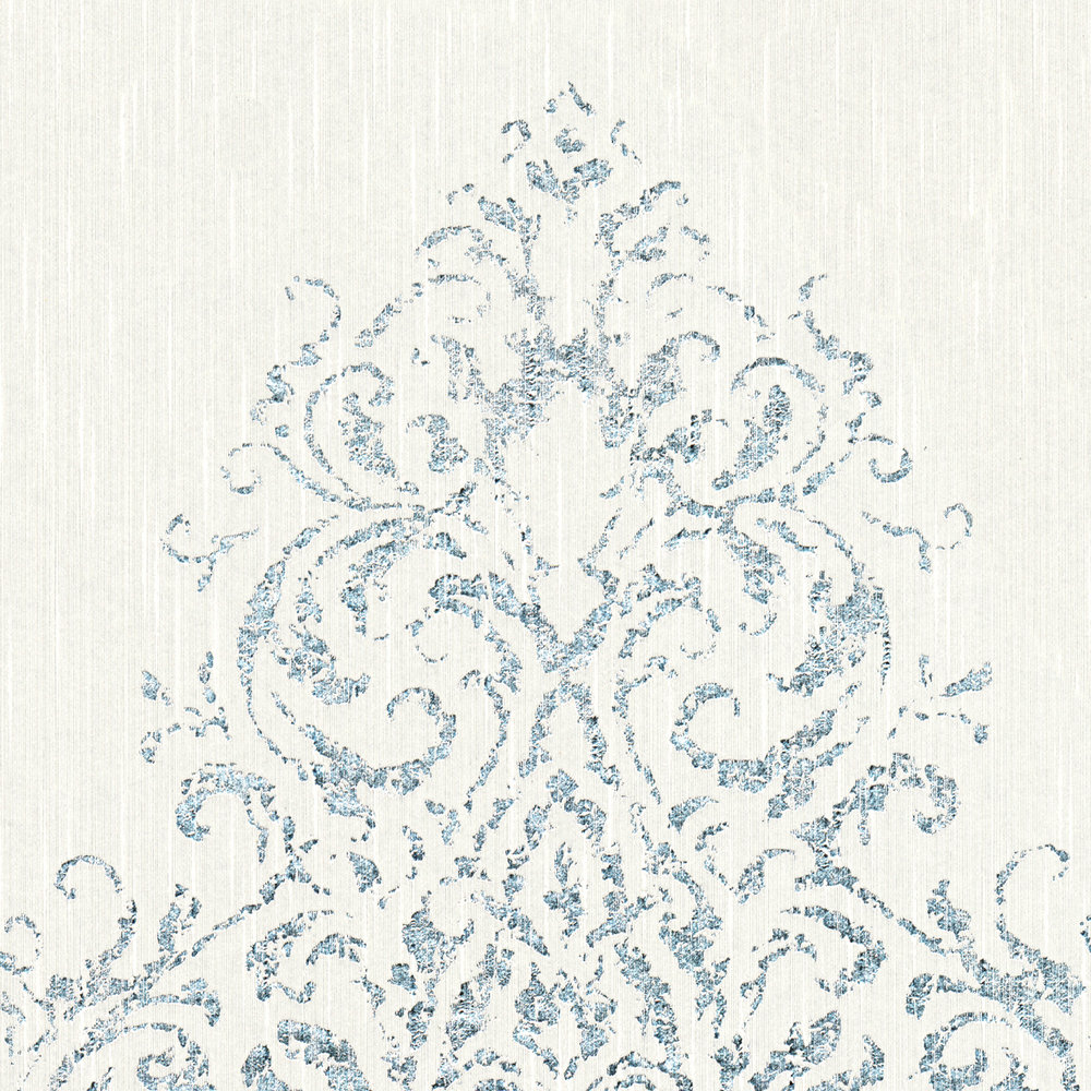             Ornament wallpaper with metallic effect in used look - white, silver, blue
        