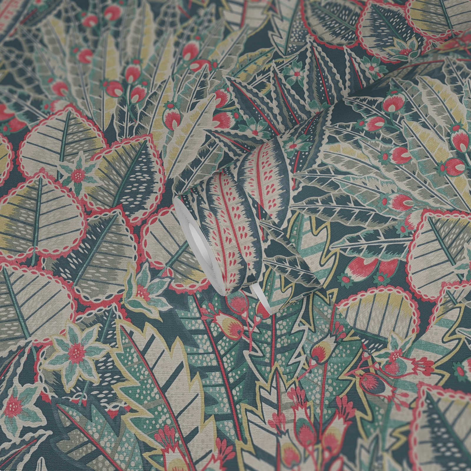             papier peint en papier intissé avec motifs de feuilles en optique jungle - bleu, vert, rouge
        