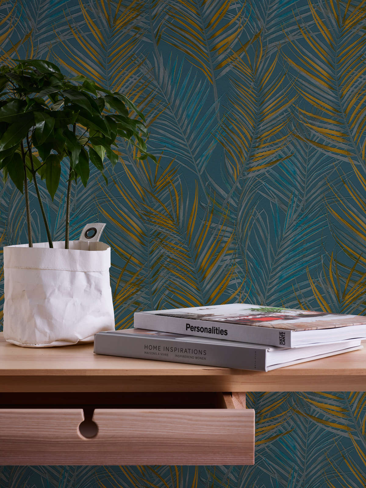             wallpaper jungle pattern with palm leaves - blue, yellow, petrol
        