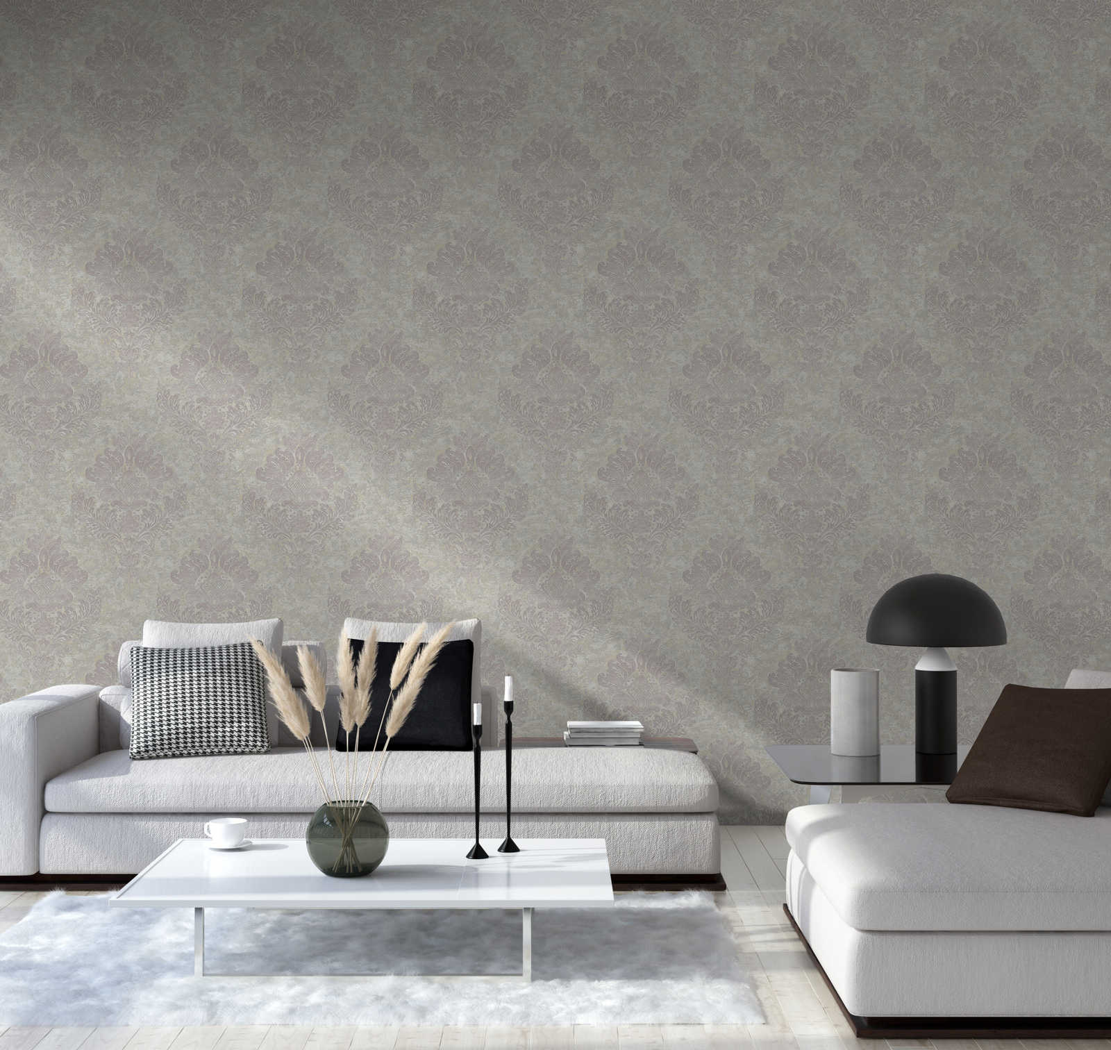             Wallpaper with floral ornaments & metallic effect - beige, grey
        