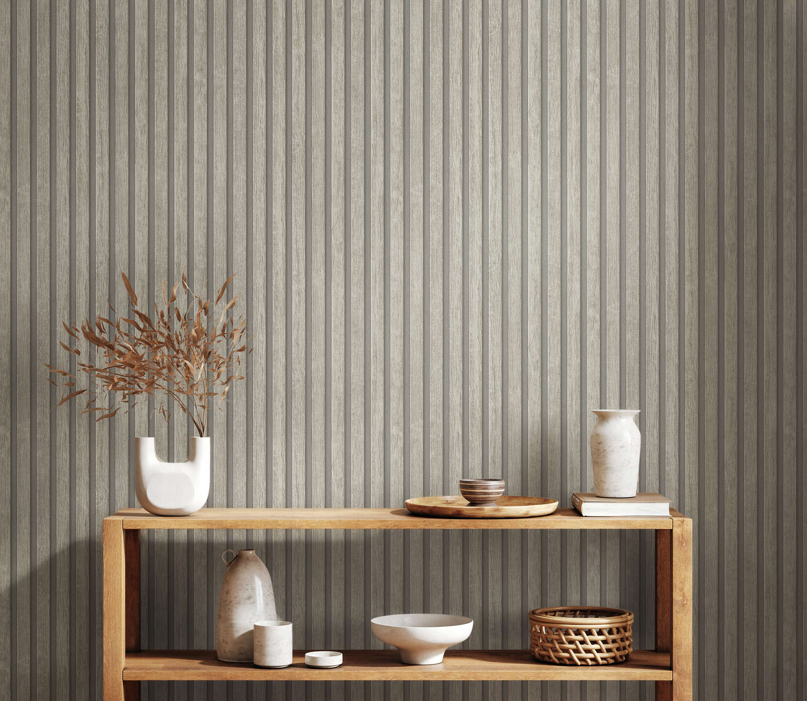             Non-woven wallpaper with wood panel pattern - grey, cream
        