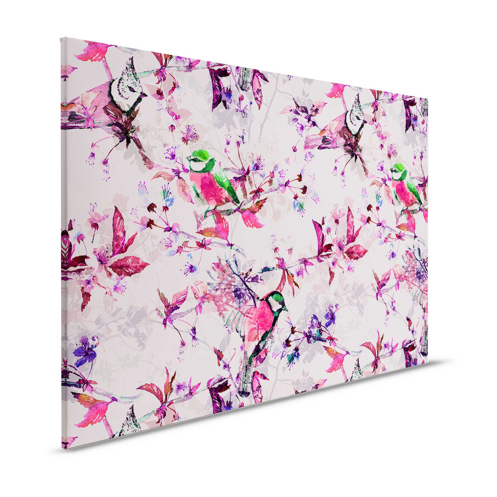 Uccelli Pittura su tela in stile collage | rosa, blu - 1,20 m x 0,80 m
