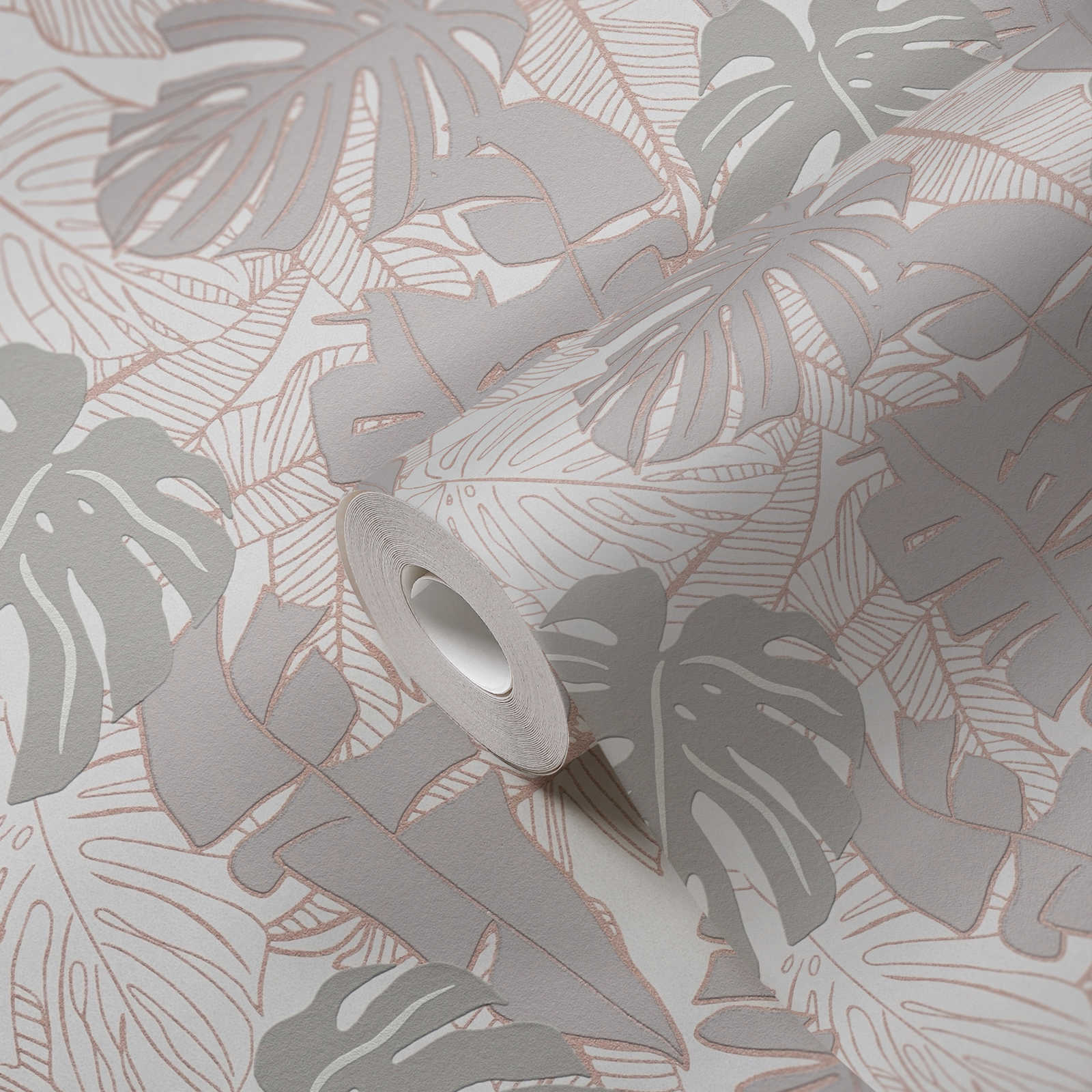             Non-woven wallpaper with banana leaves in jungle look & metallic effect - grey, metallic
        