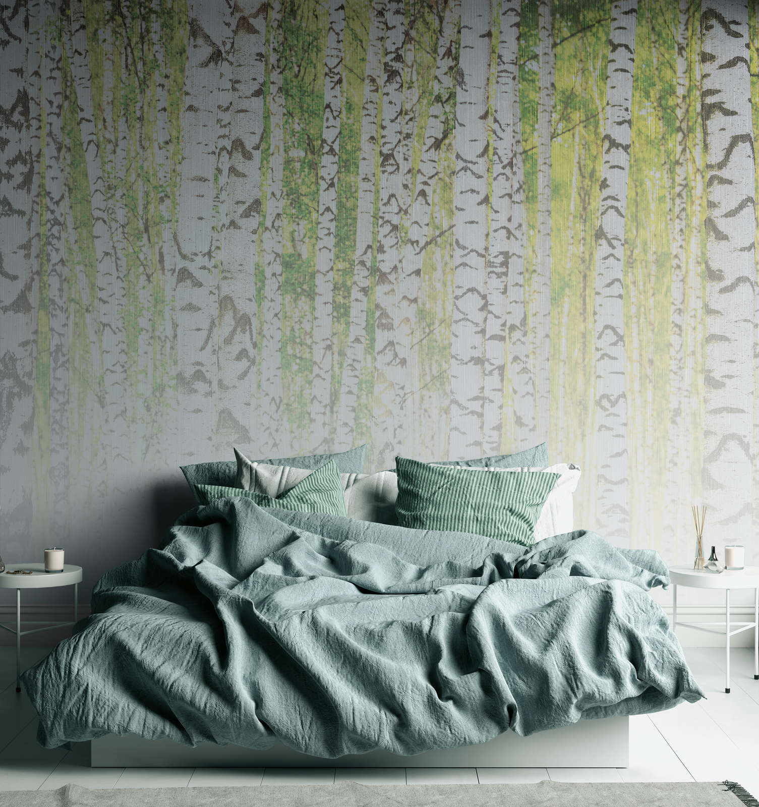             Papier peint panoramique forêt de bouleaux aspect lin - vert, blanc, noir
        