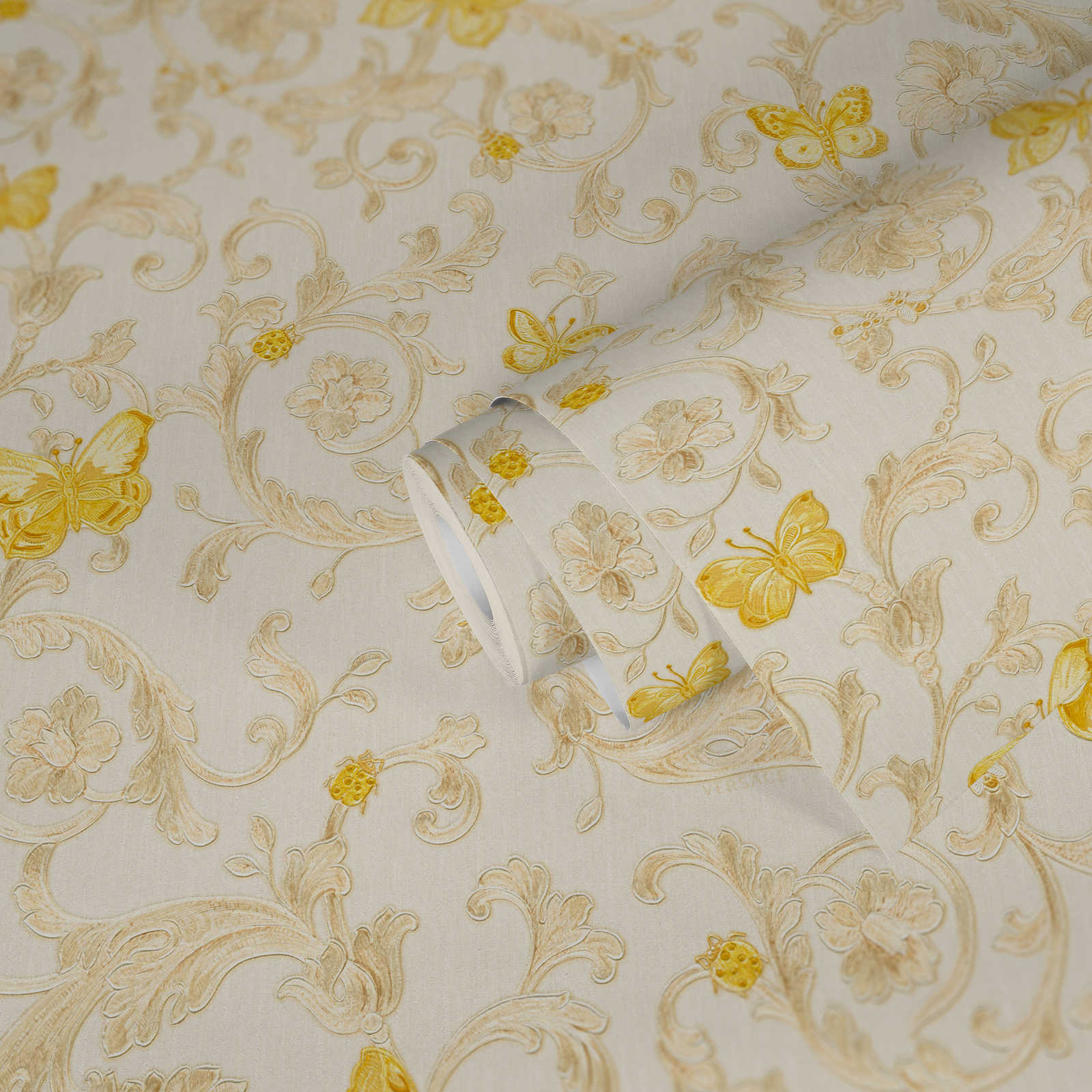             Non-woven wallpaper VERSACE with gold pattern & butterflies - cream, gold
        