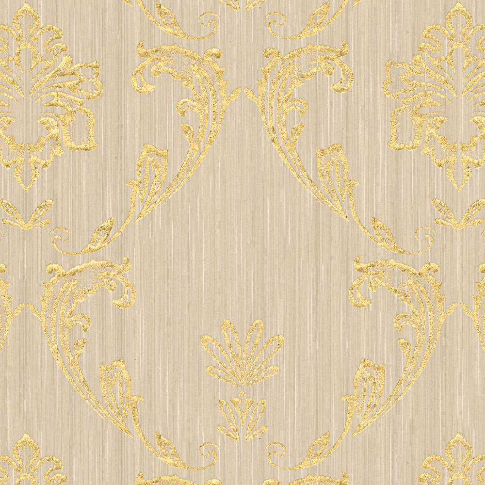             Carta da parati ornamentale con elementi floreali in oro - oro, beige
        