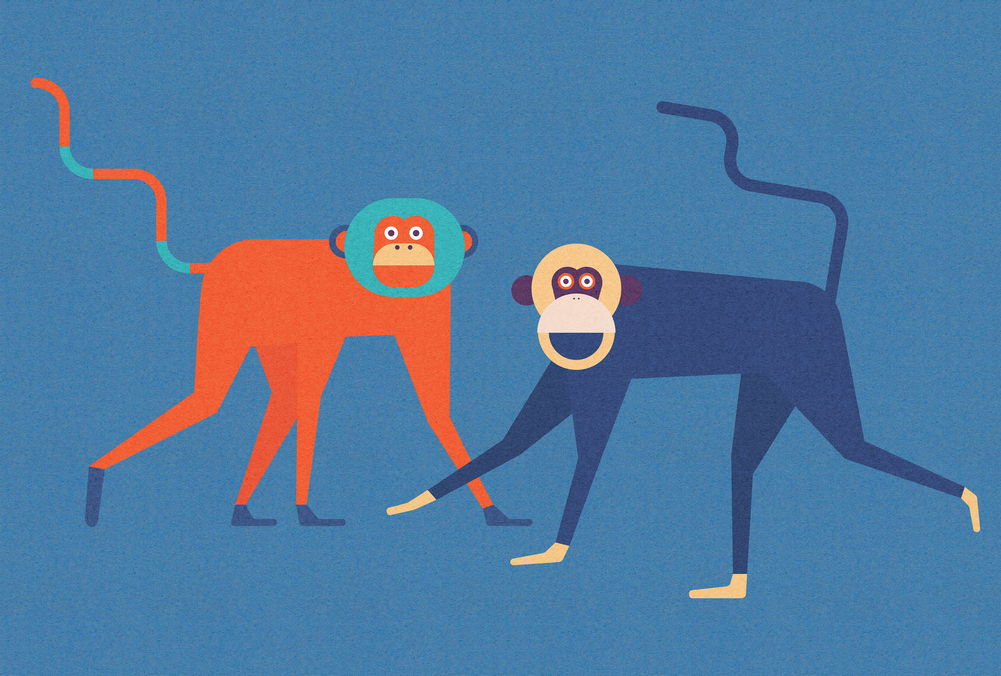             Monkey Busines 2 - Papel Pintado Pandilla de Monos - Textura Cartón - Beige, Azul | Liso Mate
        