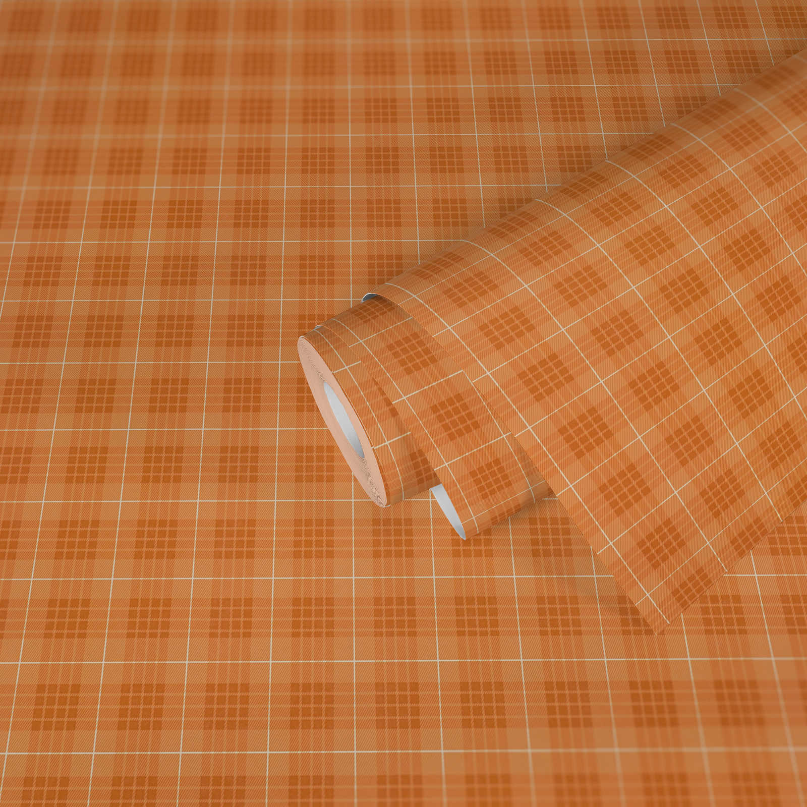             Stoflook behang plaid flannel look - oranje, wit
        