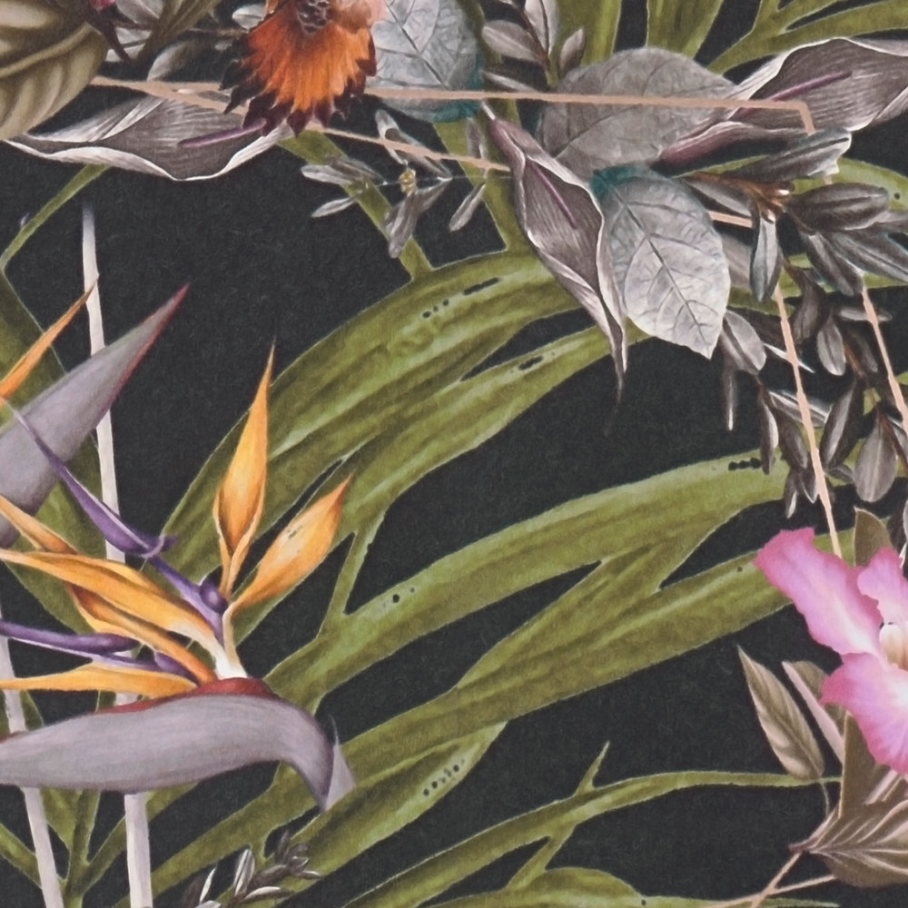             Carta da parati floreale scura Hibiscus & Leaves - Colorful, Nero
        