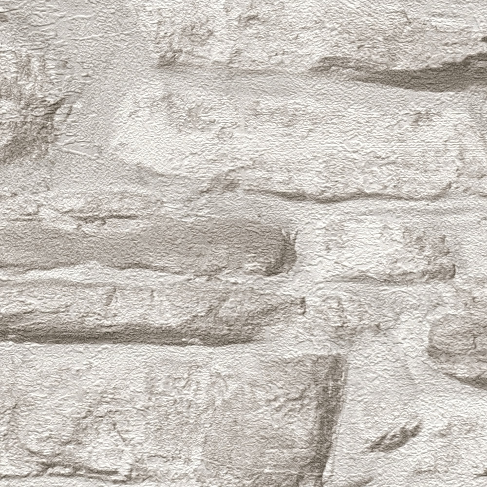             Non-woven wallpaper rustic stone look brick wall - greige, grey, white
        