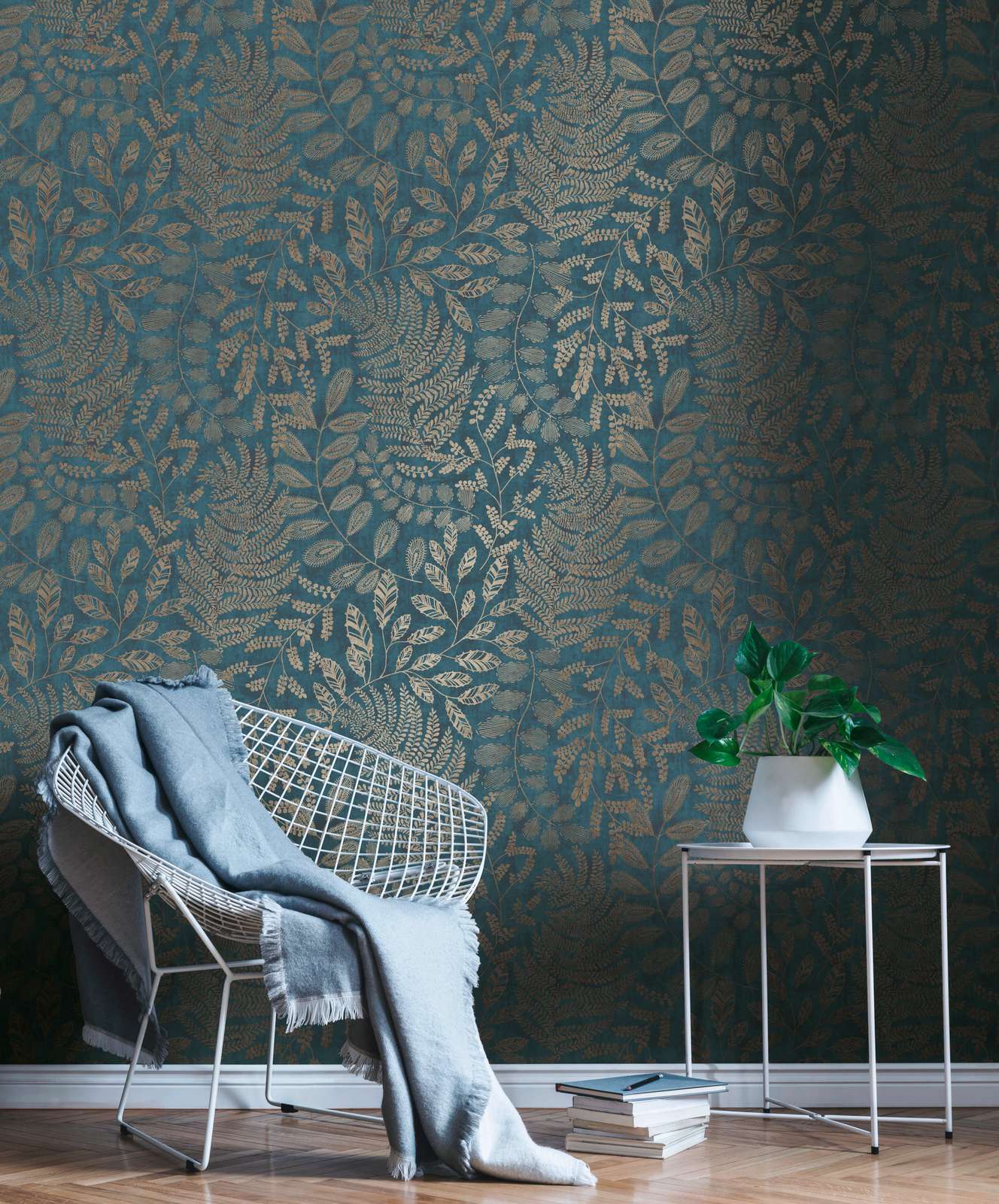             Blue wallpaper with gold design in boho style
        