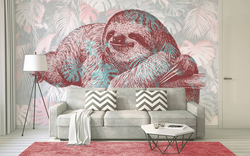             Sloth mural with tropical leaves - pink, black, green
        