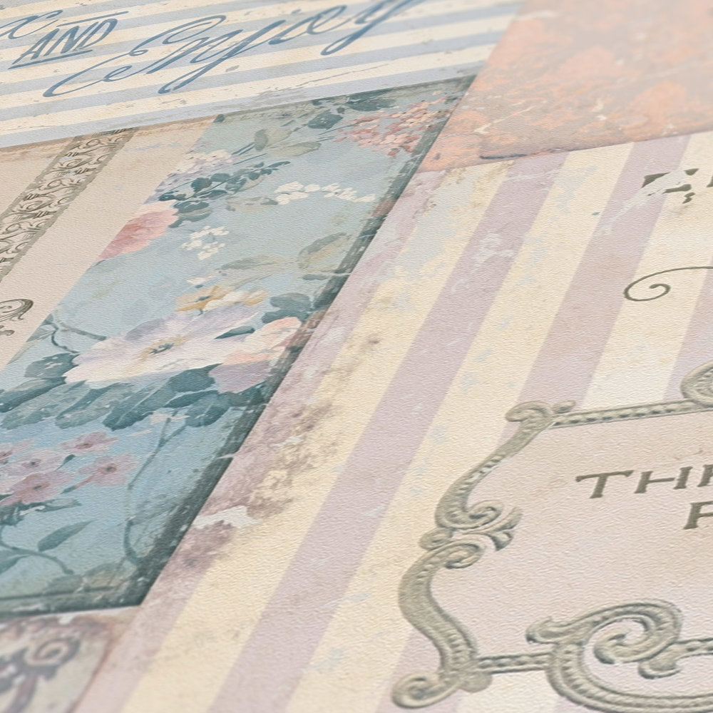             Carta da parati Tea Time collage in stile country - blu, grigio
        