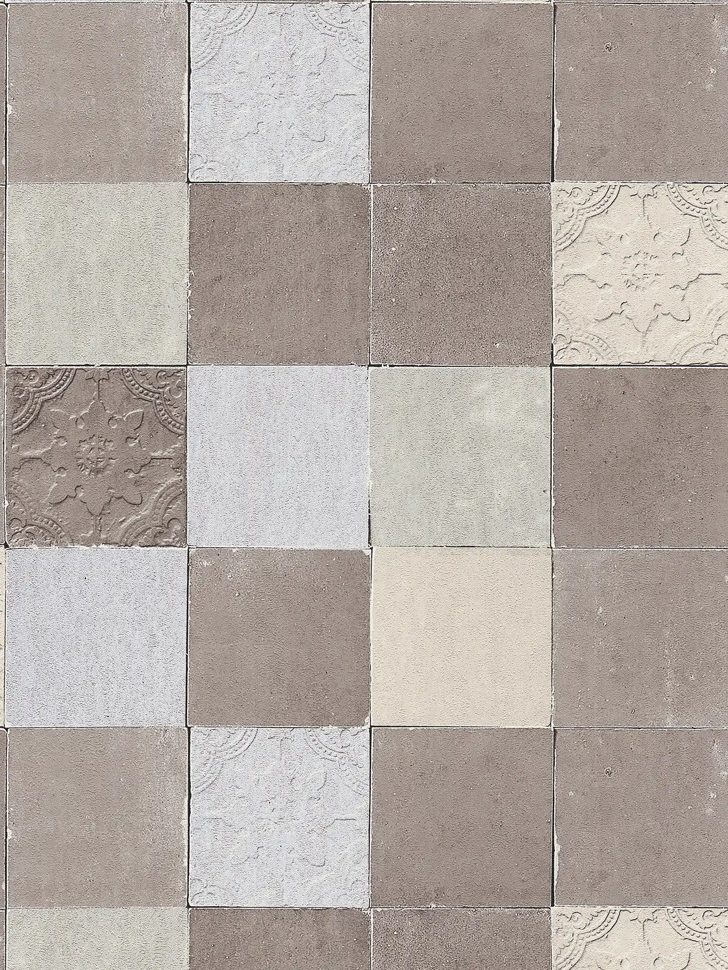 Papier peint carrelage mosaïque orientale - gris, crème
