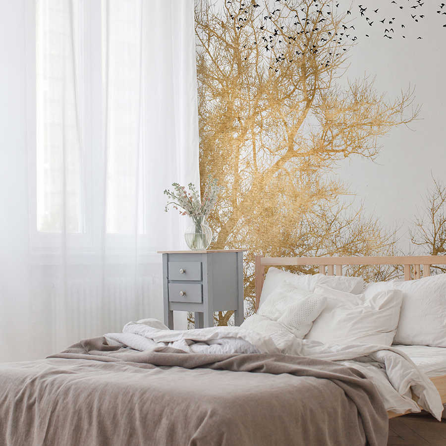         Photo wallpaper with golden trees and flock of birds
    
