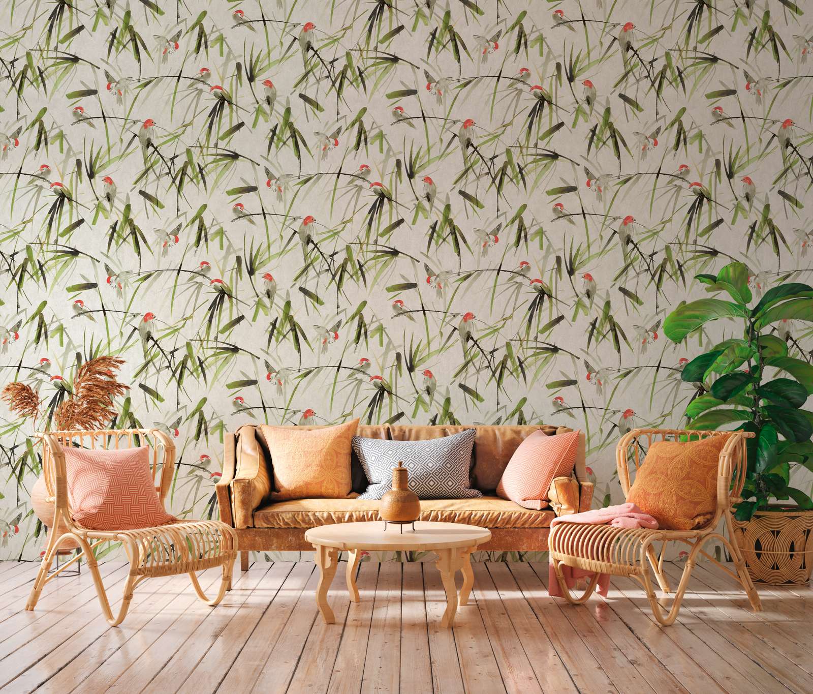             Non-woven wallpaper leaves with birds on a light background - beige, green, black
        