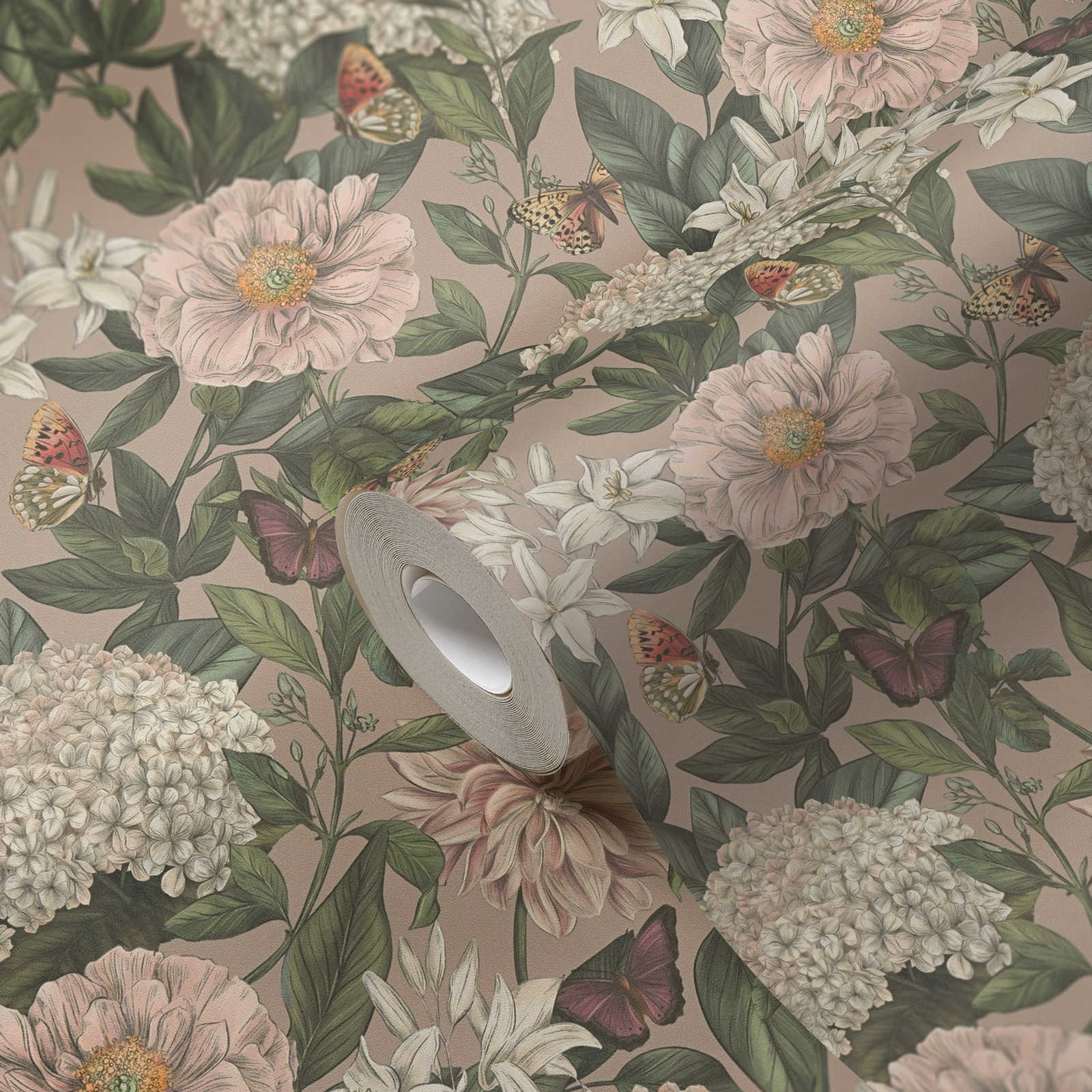             Papel pintado Floral moderno con animales y flores textura mate - rosa, verde, blanco
        