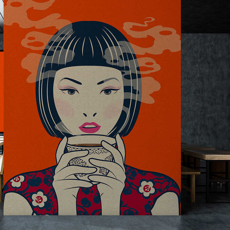 Akari 2 - Time for tea, manga style in cardboard structure on photo wallpaper - Beige, Orange | Pearl smooth fleece
