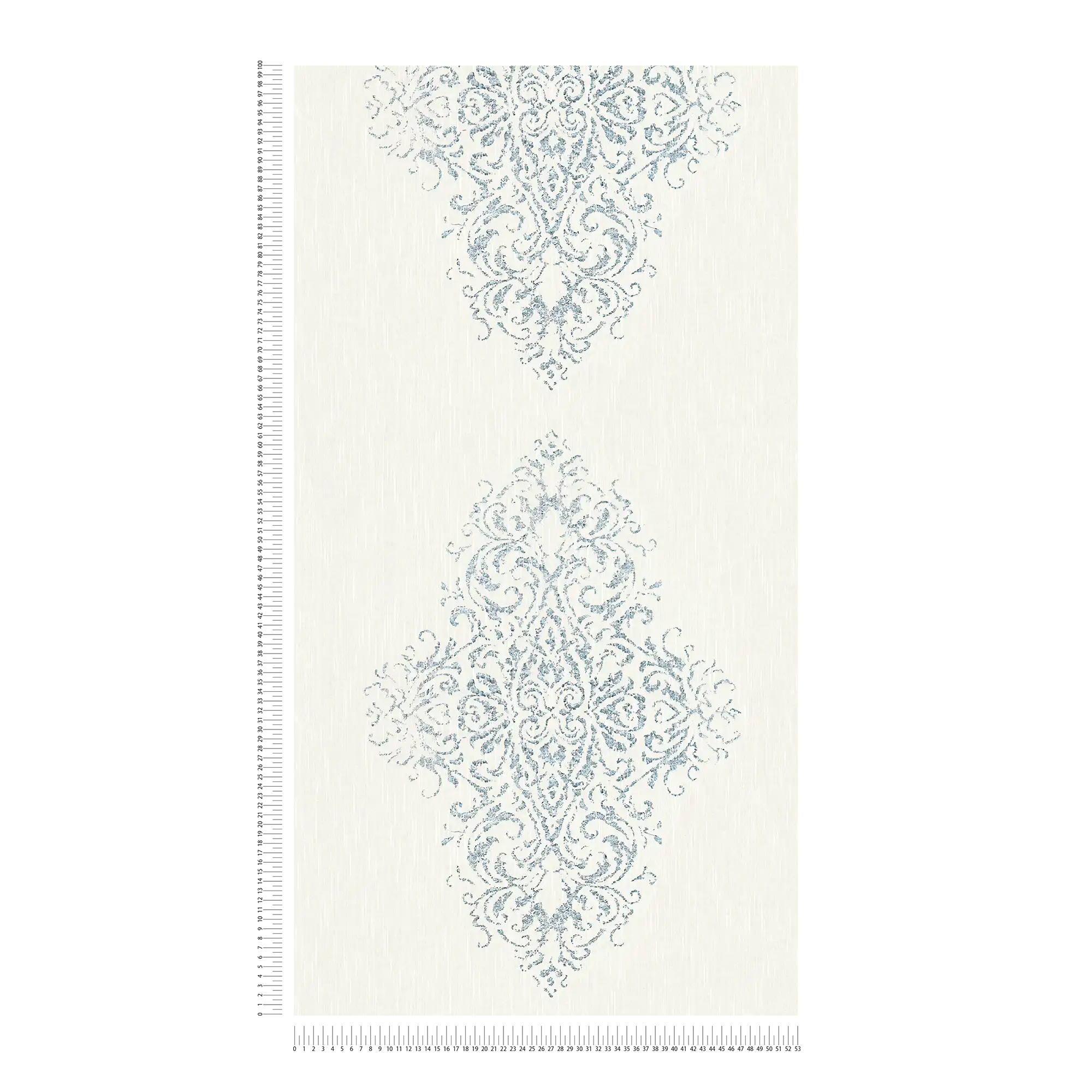             Ornament wallpaper with metallic effect in used look - white, silver, blue
        