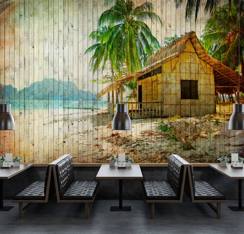             Tahití 1 - Papel pintado Playa de los Mares del Sur con óptica de tablero en paneles de madera - Beige, Azul | Vellón liso Premium
        